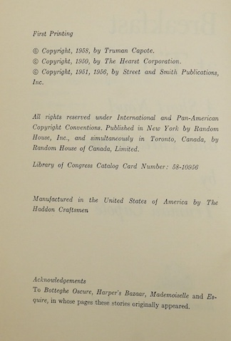 Capote, Truman - Breakfast at Tiffany's: a short novel and three stories. First American Edition. half title; publisher's cloth and d/w. New York: Random House, 1958